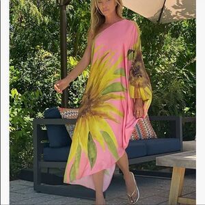 One Shoulder Floral Print Asymmetrical Flowy Kaftan Cover up
